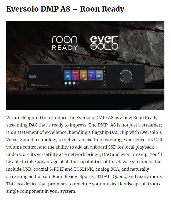 Roon đã cấp quyền Roon Ready cho Eversolo DMP-A8 trong Update tháng 6