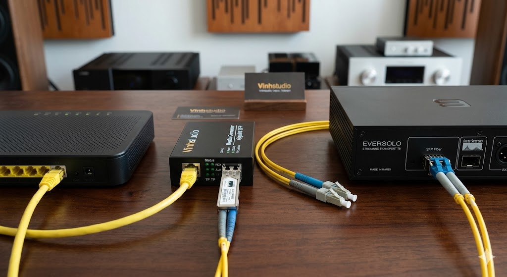 mô phỏng sơ đồ kết nối cáp quang SFP Fiber với đầu phát Streaming transport Eversolo T8