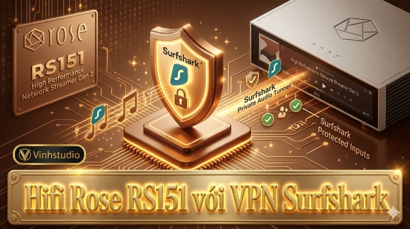 streaming DAC Hifi rose RS151 kết nối dịch vụ VPN Surfshark để streaming nhạc hi res từ Qobuz 