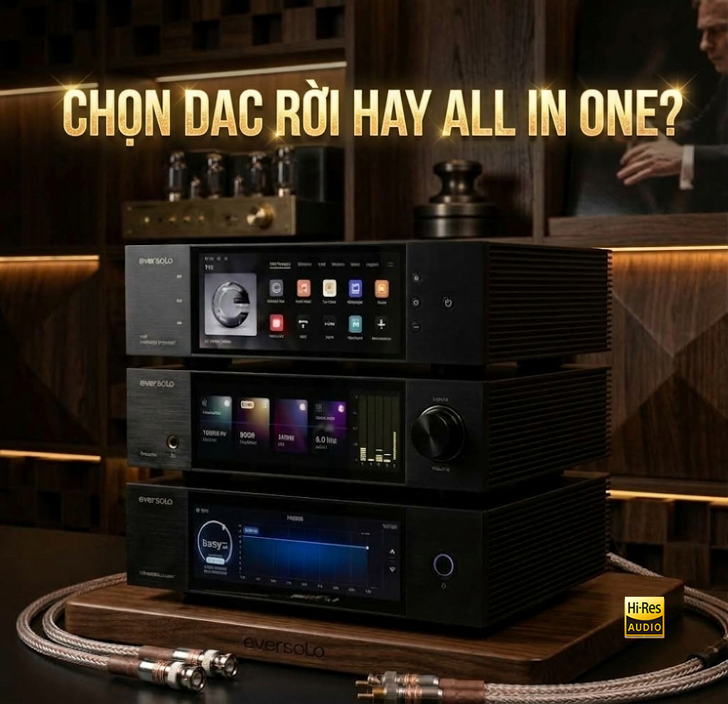 Sơ đồ so sánh DAC rời với Streaming Transport Eversolo T10 và All in one DMP-A8, DMP-A6