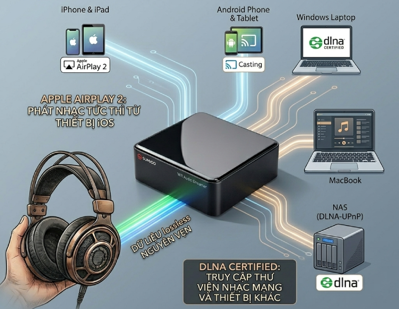 Sumico cho phép kết nối chia sẻ AirPlay và DLNA trong mạng Wifi 