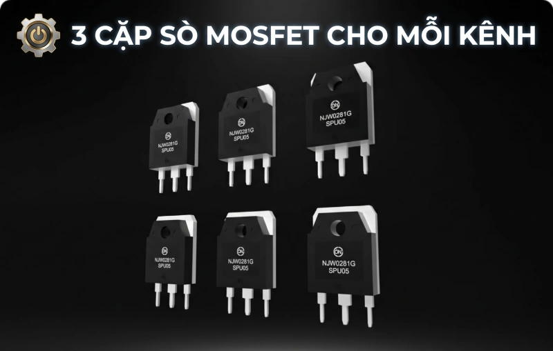 mỗi kênh của Eversolo AMP-F8 sử dụng đến 3 cặp sò công suất Mosfet 