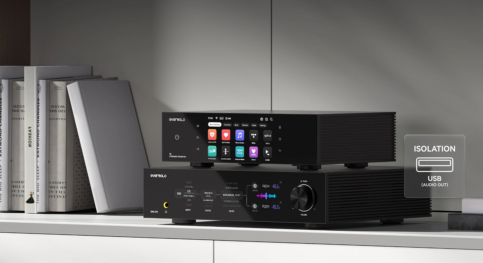 Eversolo T8 Streaming Transport trong hệ thống nghe nhạc số hai kênh gọn gàng