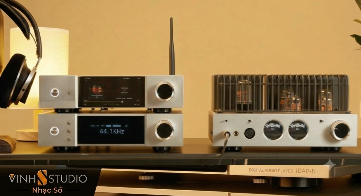 Hệ thống nghe nhạc số Cayin gồm đầu phát, bộ giải mã màn hình 44.1KHz và ampli đèn có đồng hồ VU