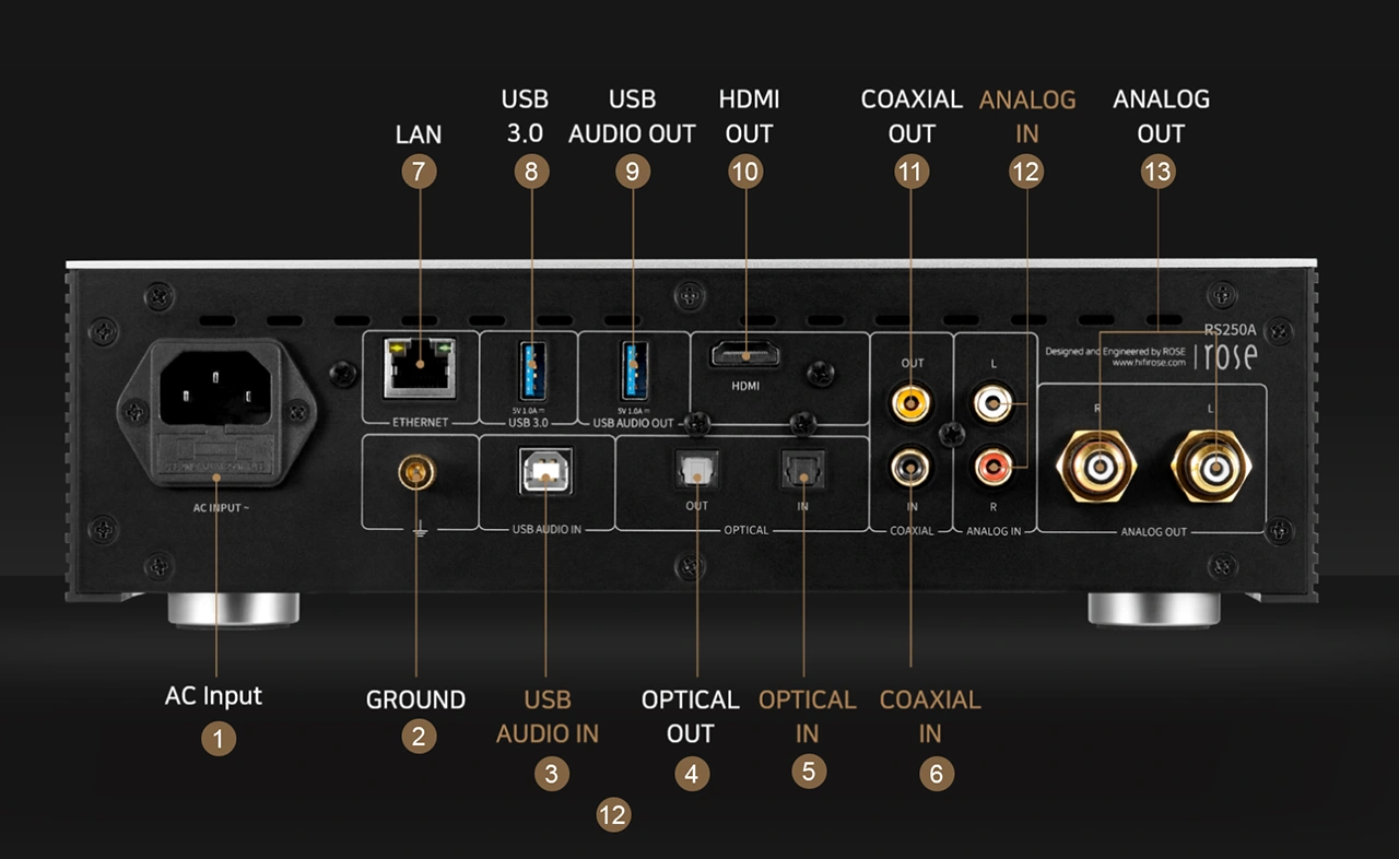 cổng kết nối quang đồng trục usb của Hifi Rose RS250A