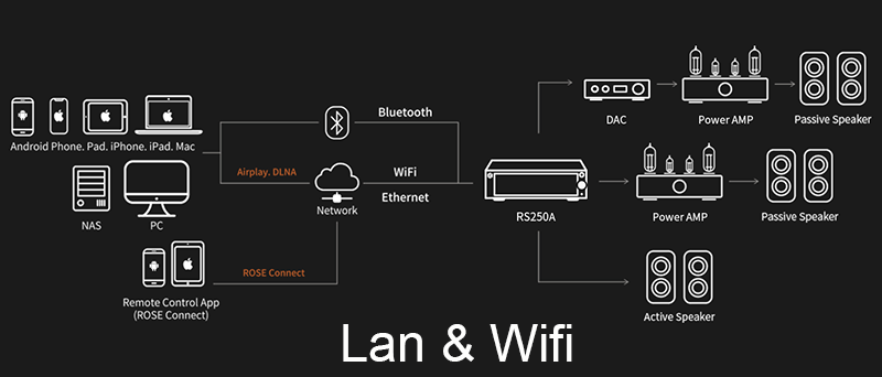 Kết nối Lan và wifi trên đầu phát Streaming nhạc số Hifi Rose RS250A 