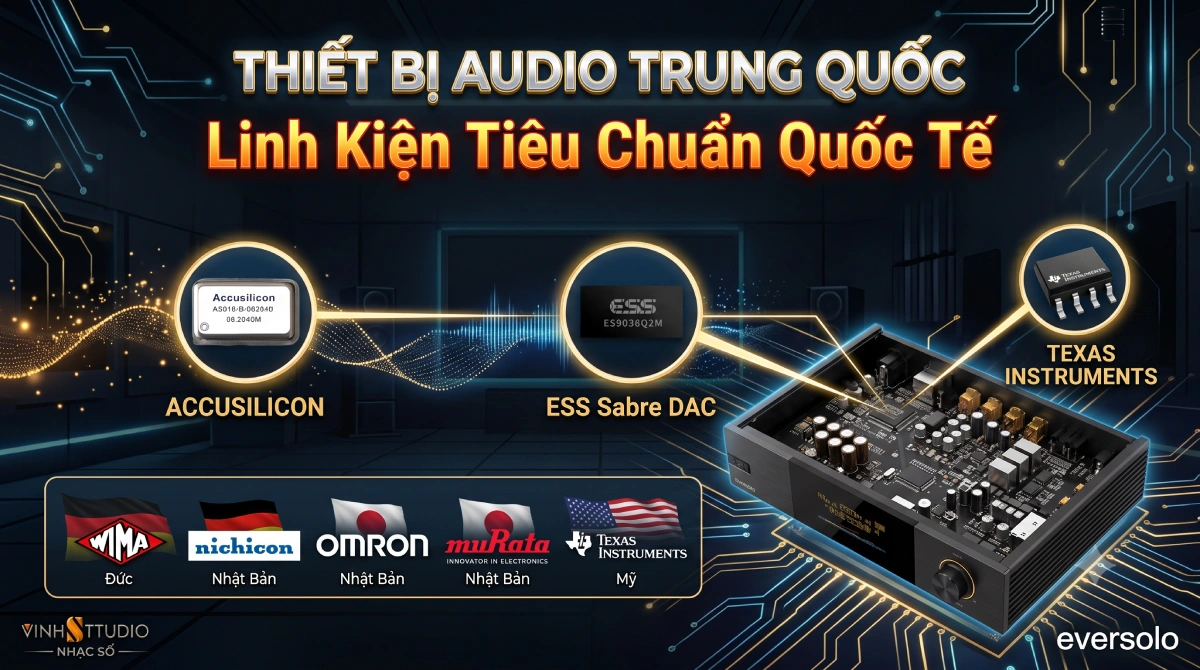 Linh kiện bên trong thiết bị nhạc số HiFi Trung Quốc, bo mạch nguồn và mạch xử lý âm thanh