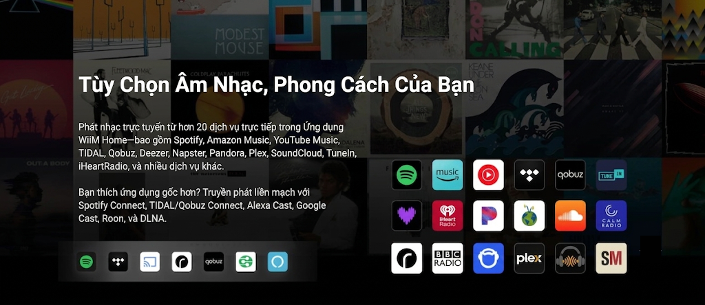 Wiim Sound phát trên 20 dịch vụ nhạc trực tuyến như Tidal, Qobuz, Spotify, Youtube