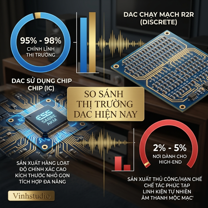 so sánh thị phần DAc sử dụng chip với công nghệ dac R2R