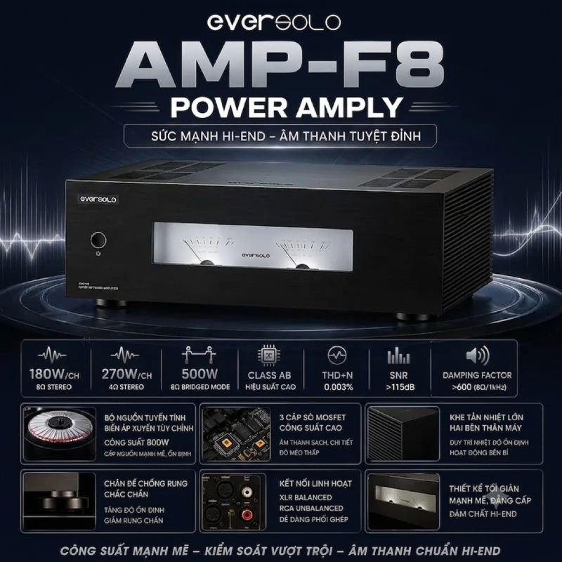những đặc điểm nổi bật của chiếc Power Ampli Eversolo AMP-F8 bán tại Vinhstudio 307A Phố Bạch Mai Hà nội
